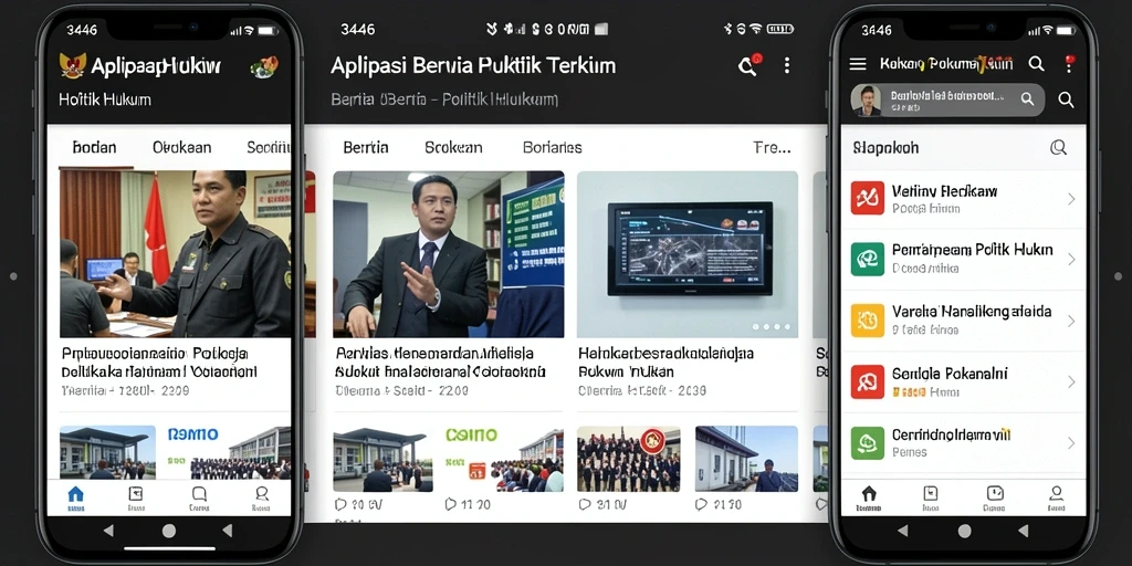 Tampilan antarmuka aplikasi 3446 dengan berita politik dan hukum.