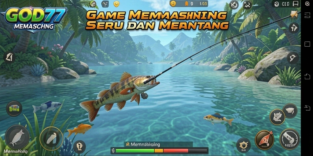 Screenshot menunjukkan antarmuka permainan memancing yang menarik dan interaktif.